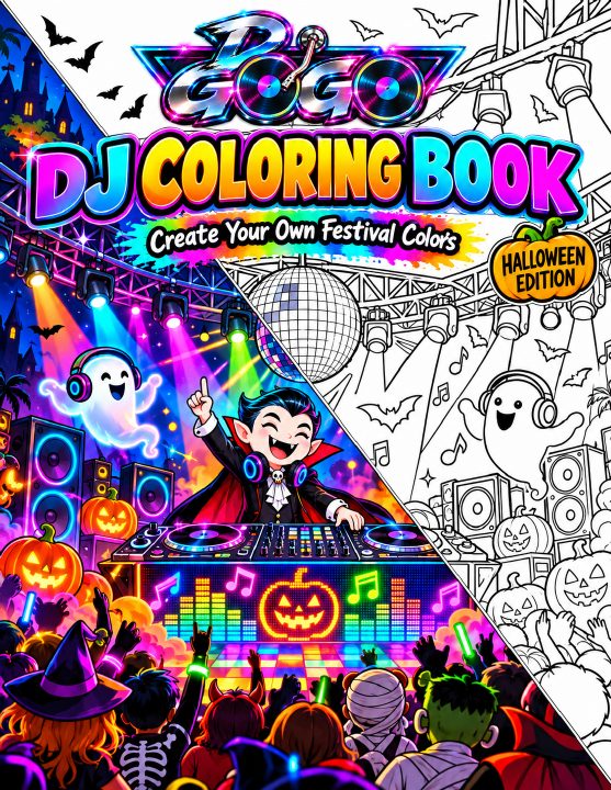 Halloween DJ Coloring Book cover with colorful festival and coloring outlines